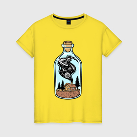 Женская футболка хлопок с принтом Космический дом в бутылке , 100% хлопок | прямой крой, круглый вырез горловины, длина до линии бедер, слегка спущенное плечо | 