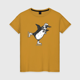 Женская футболка хлопок с принтом Пингвин на катке , 100% хлопок | прямой крой, круглый вырез горловины, длина до линии бедер, слегка спущенное плечо | 