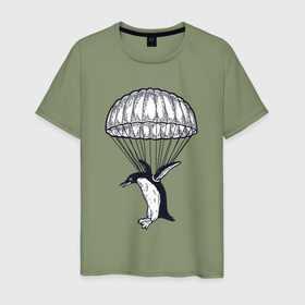 Мужская футболка хлопок с принтом Пингвин парашютист в Петрозаводске, 100% хлопок | прямой крой, круглый вырез горловины, длина до линии бедер, слегка спущенное плечо. | 