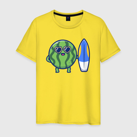 Мужская футболка хлопок с принтом Арбуз серфер в Белгороде, 100% хлопок | прямой крой, круглый вырез горловины, длина до линии бедер, слегка спущенное плечо. | Тематика изображения на принте: 