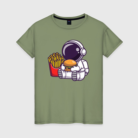 Женская футболка хлопок с принтом Голодный космонавт в Кировске, 100% хлопок | прямой крой, круглый вырез горловины, длина до линии бедер, слегка спущенное плечо | 