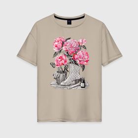 Женская футболка хлопок Oversize с принтом Винтажные пионы в Курске, 100% хлопок | свободный крой, круглый ворот, спущенный рукав, длина до линии бедер
 | 