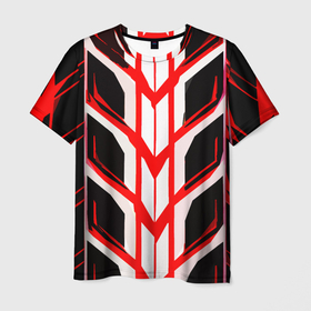 Мужская футболка 3D с принтом Красные полосы на чёрно белом фоне в Екатеринбурге, 100% полиэфир | прямой крой, круглый вырез горловины, длина до линии бедер | Тематика изображения на принте: 