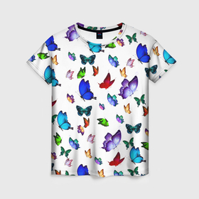 Женская футболка 3D с принтом Рой разноцветных бабочек , 100% полиэфир ( синтетическое хлопкоподобное полотно) | прямой крой, круглый вырез горловины, длина до линии бедер | 