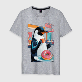 Мужская футболка хлопок с принтом Пончик для пингвина , 100% хлопок | прямой крой, круглый вырез горловины, длина до линии бедер, слегка спущенное плечо. | Тематика изображения на принте: 