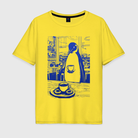 Мужская футболка хлопок Oversize с принтом Кофе для пингвина в Новосибирске, 100% хлопок | свободный крой, круглый ворот, “спинка” длиннее передней части | Тематика изображения на принте: 