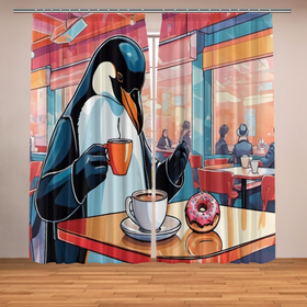Фотошторы с принтом Пингвин угощает в кафе в Новосибирске, Блэкаут (светозащита 90%) / Габардин (светозащита 40% | 2 полотна шириной по 145 см; Высота 200-300 см; Крепление: шторная лента (на крючки); | 