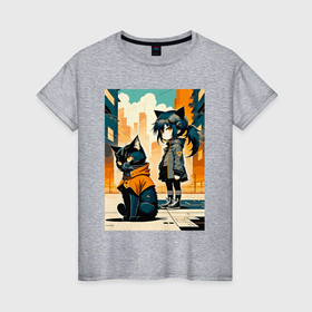 Женская футболка хлопок с принтом Кот и девочка гуляют на своём районе   нейросеть в Кировске, 100% хлопок | прямой крой, круглый вырез горловины, длина до линии бедер, слегка спущенное плечо | 