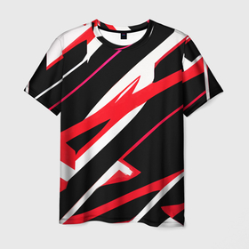 Мужская футболка 3D с принтом Красно белые полосы на чёрном фоне в Екатеринбурге, 100% полиэфир | прямой крой, круглый вырез горловины, длина до линии бедер | Тематика изображения на принте: 