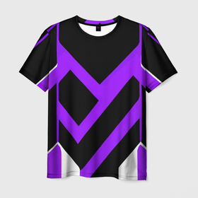Мужская футболка 3D с принтом Фиолетово белые полосы на чёрном фоне в Петрозаводске, 100% полиэфир | прямой крой, круглый вырез горловины, длина до линии бедер | 