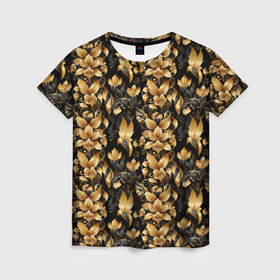 Женская футболка 3D с принтом Золотые листья на черном фоне в Кировске, 100% полиэфир ( синтетическое хлопкоподобное полотно) | прямой крой, круглый вырез горловины, длина до линии бедер | 