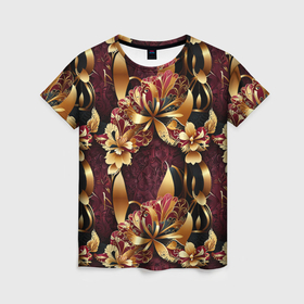 Женская футболка 3D с принтом Золотые лилии на красном бархатном фоне в Тюмени, 100% полиэфир ( синтетическое хлопкоподобное полотно) | прямой крой, круглый вырез горловины, длина до линии бедер | 
