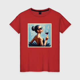 Женская футболка хлопок с принтом Девушка балерина в солнечных очках и бокалом вина   масляная картина в Санкт-Петербурге, 100% хлопок | прямой крой, круглый вырез горловины, длина до линии бедер, слегка спущенное плечо | 