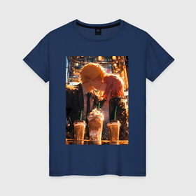 Женская футболка хлопок с принтом Человек бензопила Дэндзи Макима в Санкт-Петербурге, 100% хлопок | прямой крой, круглый вырез горловины, длина до линии бедер, слегка спущенное плечо | 