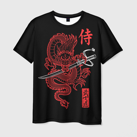 Мужская футболка 3D с принтом Дракон с катаной   кодекс самурая в Белгороде, 100% полиэфир | прямой крой, круглый вырез горловины, длина до линии бедер | 