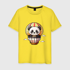 Мужская футболка хлопок с принтом Панда на воздушном шаре в Тюмени, 100% хлопок | прямой крой, круглый вырез горловины, длина до линии бедер, слегка спущенное плечо. | 