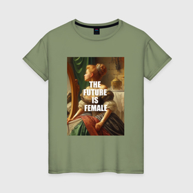Женская футболка хлопок с принтом Будущее за женщинами средневековая картина в Санкт-Петербурге, 100% хлопок | прямой крой, круглый вырез горловины, длина до линии бедер, слегка спущенное плечо | 