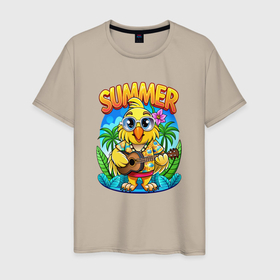 Мужская футболка хлопок с принтом Попугай играет на  гитаре жарким летом в Санкт-Петербурге, 100% хлопок | прямой крой, круглый вырез горловины, длина до линии бедер, слегка спущенное плечо. | 