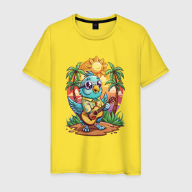 Мужская футболка хлопок с принтом Попугай играет  на гитаре жарким летом в Тюмени, 100% хлопок | прямой крой, круглый вырез горловины, длина до линии бедер, слегка спущенное плечо. | Тематика изображения на принте: 