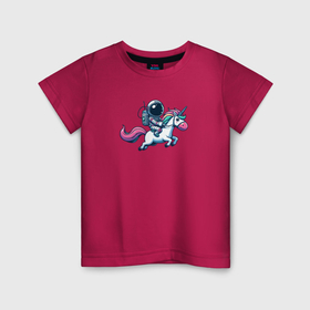 Детская футболка хлопок с принтом Космонавт едет верхом на единороге , 100% хлопок | круглый вырез горловины, полуприлегающий силуэт, длина до линии бедер | Тематика изображения на принте: 