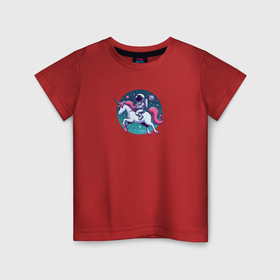 Детская футболка хлопок с принтом Космонавт верхом на мультяшном единороге , 100% хлопок | круглый вырез горловины, полуприлегающий силуэт, длина до линии бедер | Тематика изображения на принте: 