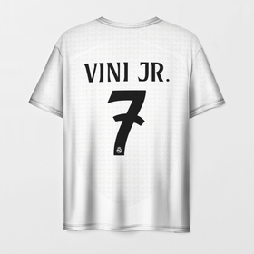 Мужская футболка 3D с принтом Винисиус Жуниор Реал Мадрид форма 24 25 домашняя в Санкт-Петербурге, 100% полиэфир | прямой крой, круглый вырез горловины, длина до линии бедер | Тематика изображения на принте: 