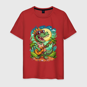 Мужская футболка хлопок с принтом Крокодил играет на гитаре жарким  летом в Санкт-Петербурге, 100% хлопок | прямой крой, круглый вырез горловины, длина до линии бедер, слегка спущенное плечо. | Тематика изображения на принте: 