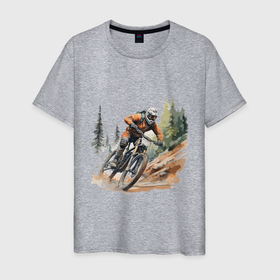 Мужская футболка хлопок с принтом Велоспорт горный спуск в Белгороде, 100% хлопок | прямой крой, круглый вырез горловины, длина до линии бедер, слегка спущенное плечо. | Тематика изображения на принте: 