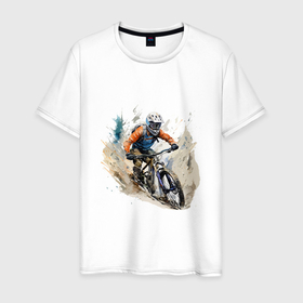 Мужская футболка хлопок с принтом Велоспорт горный спуск в Санкт-Петербурге, 100% хлопок | прямой крой, круглый вырез горловины, длина до линии бедер, слегка спущенное плечо. | Тематика изображения на принте: 