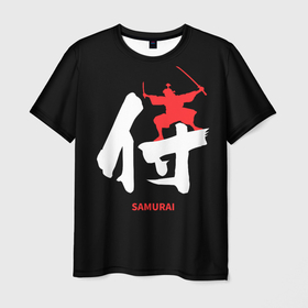 Мужская футболка 3D с принтом Иероглиф   красный самурай в Екатеринбурге, 100% полиэфир | прямой крой, круглый вырез горловины, длина до линии бедер | 