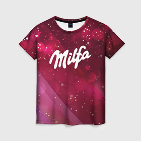 Женская футболка 3D с принтом Milfa надпись в стиле шоколадки Milka в Кировске, 100% полиэфир ( синтетическое хлопкоподобное полотно) | прямой крой, круглый вырез горловины, длина до линии бедер | 
