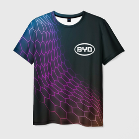 Мужская футболка 3D с принтом BYD neon hexagon в Архангельске, 100% полиэфир | прямой крой, круглый вырез горловины, длина до линии бедер | Тематика изображения на принте: 