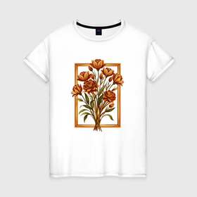 Женская футболка хлопок с принтом Букет цветов в рамке в Новосибирске, 100% хлопок | прямой крой, круглый вырез горловины, длина до линии бедер, слегка спущенное плечо | 