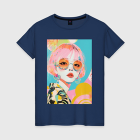 Женская футболка хлопок с принтом Девушка в ярких цветах в Санкт-Петербурге, 100% хлопок | прямой крой, круглый вырез горловины, длина до линии бедер, слегка спущенное плечо | 