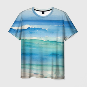 Мужская футболка 3D с принтом Морские акварельные волны в Новосибирске, 100% полиэфир | прямой крой, круглый вырез горловины, длина до линии бедер | Тематика изображения на принте: 