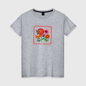 Женская футболка хлопок с принтом Красные цветы в красной рамке в Тюмени, 100% хлопок | прямой крой, круглый вырез горловины, длина до линии бедер, слегка спущенное плечо | 