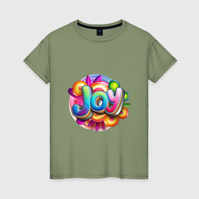 Женская футболка хлопок с принтом Надпись joy радужная в Белгороде, 100% хлопок | прямой крой, круглый вырез горловины, длина до линии бедер, слегка спущенное плечо | 