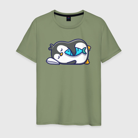 Мужская футболка хлопок с принтом Спящий пингвин с рыбкой в Курске, 100% хлопок | прямой крой, круглый вырез горловины, длина до линии бедер, слегка спущенное плечо. | 
