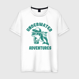 Мужская футболка хлопок с принтом Забавный дельфин с камерой подводное приключение в Санкт-Петербурге, 100% хлопок | прямой крой, круглый вырез горловины, длина до линии бедер, слегка спущенное плечо. | 