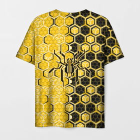 Мужская футболка 3D с принтом Киберпанк соты шестиугольники жёлтый и чёрный с пауком в Белгороде, 100% полиэфир | прямой крой, круглый вырез горловины, длина до линии бедер | Тематика изображения на принте: 