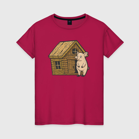 Женская футболка хлопок с принтом Свинка и деревянный дом в Санкт-Петербурге, 100% хлопок | прямой крой, круглый вырез горловины, длина до линии бедер, слегка спущенное плечо | 