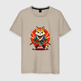 Мужская футболка хлопок с принтом Рыжий кот самурай с мечами в Екатеринбурге, 100% хлопок | прямой крой, круглый вырез горловины, длина до линии бедер, слегка спущенное плечо. | Тематика изображения на принте: 
