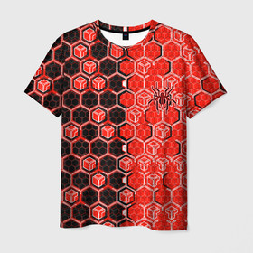 Мужская футболка 3D с принтом Техно киберпанк шестиугольники красный и чёрный с пауком в Кировске, 100% полиэфир | прямой крой, круглый вырез горловины, длина до линии бедер | Тематика изображения на принте: 
