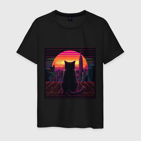Мужская футболка хлопок с принтом Неоновый котик в закате , 100% хлопок | прямой крой, круглый вырез горловины, длина до линии бедер, слегка спущенное плечо. | 