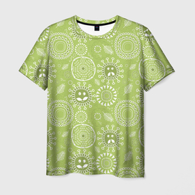 Мужская футболка 3D с принтом Зеленый цветочный   паттерн смайлики в Тюмени, 100% полиэфир | прямой крой, круглый вырез горловины, длина до линии бедер | Тематика изображения на принте: 