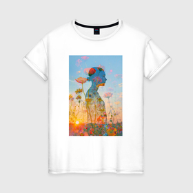 Женская футболка хлопок с принтом Девушка на цветочном поле в Санкт-Петербурге, 100% хлопок | прямой крой, круглый вырез горловины, длина до линии бедер, слегка спущенное плечо | 
