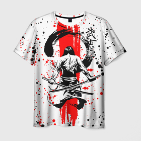 Мужская футболка 3D с принтом Самурай с двумя катанами , 100% полиэфир | прямой крой, круглый вырез горловины, длина до линии бедер | Тематика изображения на принте: 