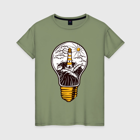 Женская футболка хлопок с принтом Маяк и волны в лампочке в Белгороде, 100% хлопок | прямой крой, круглый вырез горловины, длина до линии бедер, слегка спущенное плечо | 