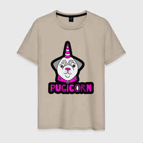 Мужская футболка хлопок с принтом Pugicorn в Белгороде, 100% хлопок | прямой крой, круглый вырез горловины, длина до линии бедер, слегка спущенное плечо. | Тематика изображения на принте: 