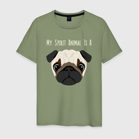 Мужская футболка хлопок с принтом Мопс моё духовное животное в Белгороде, 100% хлопок | прямой крой, круглый вырез горловины, длина до линии бедер, слегка спущенное плечо. | 